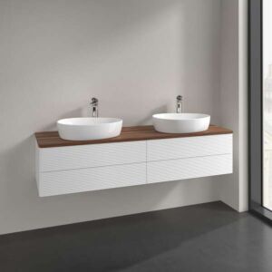 Meuble vasque Villeroy &amp; Boch Antao L28112MT avec éclairage, 4 tiroirs, 1600 x 360 x 500 mm, façade texturée, laque blanche mate / noyer chaud
