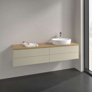 Meuble vasque Villeroy &amp; Boch Antao L27051HJ avec éclairage, 4 tiroirs, 1600 x 360 x 500 mm, façade lisse, laque mate Gris Soie / Chêne Miel