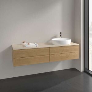 Meuble vasque Villeroy &amp; Boch Antao K27053HN 160 x 36 x 50 cm, percé pour robinetterie, plan vasque couleur Botticino, chêne miel