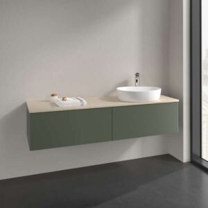 Meuble vasque Villeroy &amp; Boch Antao K38013HL 160 x 36 x 50 cm, plan vasque couleur Botticino, laque mate vert feuille