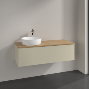Villeroy &amp; Boch Antao vanity unit L33051HJ with lighting, 120x36x50cm, tap hole, washbasin top color honey oak, silk grey matt lacquer