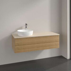 Meuble vasque Villeroy &amp; Boch Antao K22153HN 120 x 36 x 50 cm, percé pour robinetterie, plan vasque couleur Botticino, chêne miel