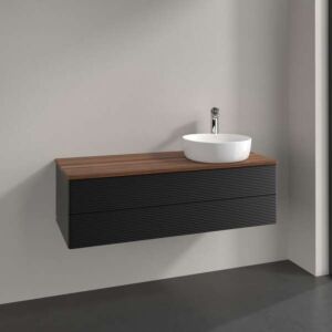 Meuble vasque Villeroy &amp; Boch Antao L23112PD avec éclairage, 2 tiroirs, 1200 x 360 x 500 mm, façade texturée, laque noire mate / noyer chaud