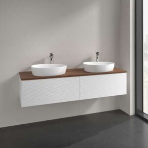 Villeroy und Boch Antao Waschtisch-Unterschrank L39152MT mit Beleuchtung, 2 Auszüge, 1600 x 360 x 500 mm, Front mit Struktur, White Matt Lacquer / Warm Walnut