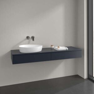 Meuble vasque Villeroy &amp; Boch Antao L15050HG avec éclairage, 2 tiroirs, 1600 x 190 x 500 mm, façade lisse, laque mate bleu nuit.