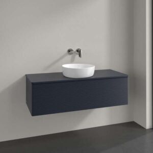 Meuble vasque Villeroy &amp; Boch Antao L32150HG avec éclairage, 1 tiroir, 1200 x 360 x 500 mm, façade texturée, laque mate bleu nuit.