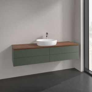 Meuble vasque Villeroy &amp; Boch Antao K25152HL 160 x 36 x 50 cm, percé pour robinetterie, plan vasque couleur noyer chaud, laque mate vert feuille
