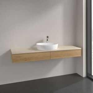 Villeroy &amp; Boch Antao vanity unit L14013HN with lighting, 2 drawers, 1600 x 190 x 500 mm, smooth front, Honey Oak / Botticino