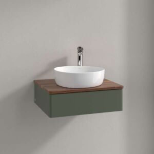 Villeroy &amp; Boch Antao vanity unit L07012HL with lighting, 1 drawer, 600 x 190 x 500 mm, smooth front, Leaf Green Matt Lacquer / Warm Walnut