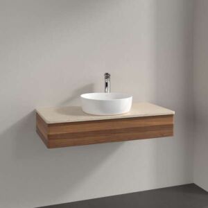 Meuble vasque Villeroy &amp; Boch Antao L09053HM avec éclairage, 1 tiroir, 1000 x 190 x 500 mm, façade lisse, Noyer chaud / Botticino
