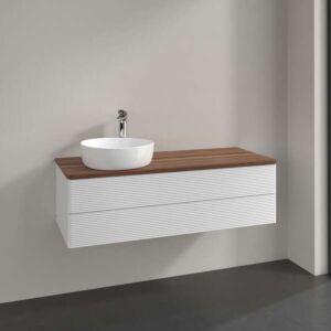 Villeroy und Boch Antao Waschtisch-Unterschrank L22112GF mit Beleuchtung, 2 Auszüge, 1200 x 360 x 500 mm, Front mit Struktur, Glossy White Lacquer / Warm Walnut