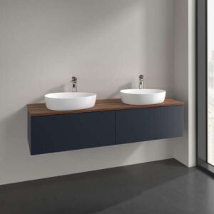 Meuble vasque Villeroy &amp; Boch Antao K39052HG 160 x 36 x 50 cm, percé pour robinetterie, plan vasque couleur noyer chaud, laque mate bleu nuit