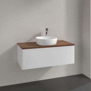 Villeroy &amp; Boch Antao vanity unit L31052GF with lighting, 1 drawer, 1000 x 360 x 500 mm, smooth front, Glossy White Lacquer / Warm Walnut