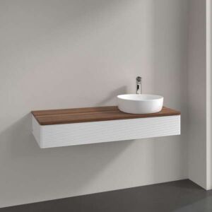 Meuble vasque Villeroy &amp; Boch Antao L12112GF avec éclairage, 1 tiroir, 1200 x 190 x 500 mm, façade texturée, laque blanche brillante / noyer chaud
