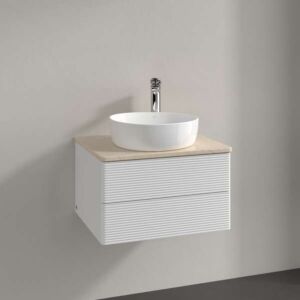 Meuble vasque Villeroy &amp; Boch Antao L18153GF avec éclairage, 2 tiroirs, 600 x 360 x 500 mm, façade texturée, laque blanche brillante / Botticino