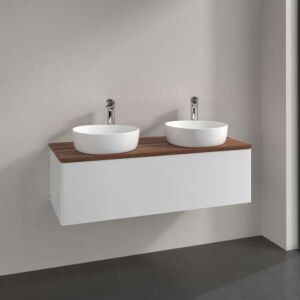 Meuble vasque Villeroy &amp; Boch Antao K35052GF 120 x 36 x 50 cm, percé pour robinetterie, plan vasque couleur noyer chaud, laque blanche brillante
