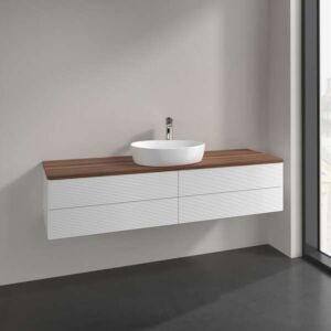 Meuble vasque Villeroy &amp; Boch Antao L25152GF avec éclairage, 4 tiroirs, 1600 x 360 x 500 mm, façade texturée, laque blanche brillante / noyer chaud