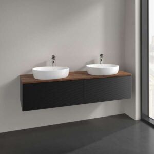 Villeroy &amp; Boch Antao vanity unit L39152PD with lighting, 2 drawers, 1600 x 360 x 500 mm, textured front, Black Matt Lacquer / Warm Walnut