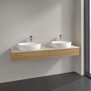 Villeroy &amp; Boch Antao vanity unit L17153HN with lighting, 2 drawers, 1600 x 190 x 500 mm, textured front, Honey Oak / Botticino