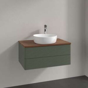 Meuble vasque Villeroy &amp; Boch Antao L19152HL avec éclairage, 2 tiroirs, 800 x 360 x 500 mm, façade texturée, laque mate Vert Feuille / Noyer Chaud
