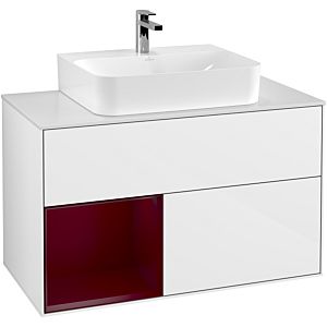 Villeroy und Boch Finion Waschtischunterschrank F111HBGF 100cm, Abdeckplatte black matt, Regal links Peony, Glossy white lacquer