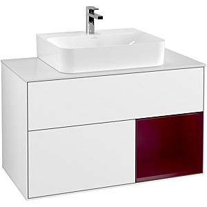 Villeroy und Boch Finion Waschtischunterschrank F121HBGF 100cm, Abdeckplatte weiß matt, Regal rechts Peony, Glossy white lacquer