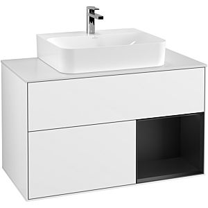 Villeroy et Boch Finion Villeroy et Boch F121PDGF 100cm, plaque de finition blanc mat, étagère à droite laqué noir mat, laqué blanc brillant
