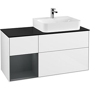 Villeroy und Boch Finion Waschtischunterschrank F142HGGF 120cm, Abdeckplatte Glass Black Matt, Regal links Midnight Blue Matt Lacquer, Glossy white lacquer