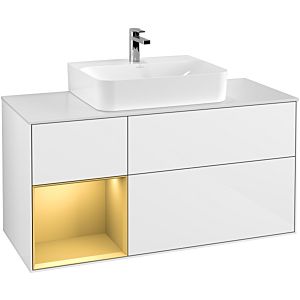 Villeroy et Boch Finion Villeroy et Boch F161HFGF 120cm, plaque de recouvrement blanc mat, étagère gauche or mat, laqué blanc brillant