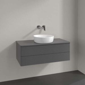 Villeroy &amp; Boch Antao vanity unit L20150GK with lighting, textured finish, 100x36x50cm, tap hole, washbasin top color: anthracite matt lacquer