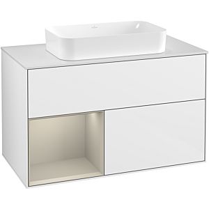 Villeroy und Boch Finion Waschtischunterschrank F241HHGF 100x60,3cm, Abdeckplatte white matt, Regal links Sand Matt Lacquer, Glossy white lacquer