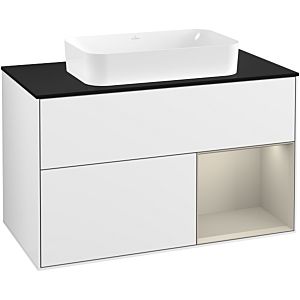 Villeroy und Boch Finion Waschtischunterschrank F252HHGF 100x60,3cm, Abdeckplatte black matt, Regal rechts Sand Matt, Glossy white lacquer