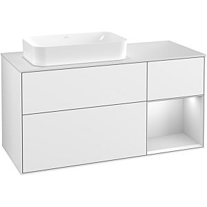 Villeroy und Boch Finion Waschtischunterschrank F281MTGF 120cm, Abdeckplatte white matt, Regal rechts White matt lacquer, Glossy white lacquer