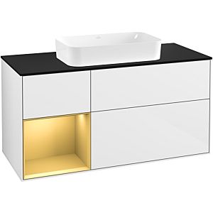 Villeroy und Boch Finion Waschtischunterschrank F292HFGF 120cm, Abdeckplatte black matt, Regal links Gold matt, Glossy white lacquer