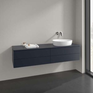 Meuble vasque Villeroy &amp; Boch Antao L27050HG avec éclairage, 4 tiroirs, 1600 x 360 x 500 mm, façade lisse, laque mate bleu nuit.