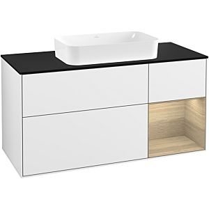 Villeroy und Boch Finion Waschtischunterschrank F302PCGF 120cm, Abdeckplatte black matt, Regal rechts Oak Veneer, Glossy white lacquer