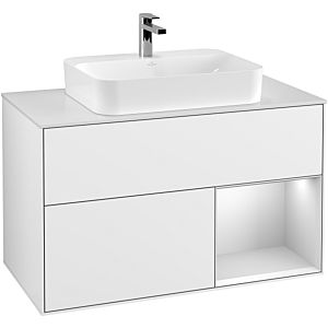 Villeroy und Boch Finion Waschtischunterschrank F371MTGF 100cm, Abdeckplatte white matt, Regal rechts White matt lacquer, Glossy white lacquer
