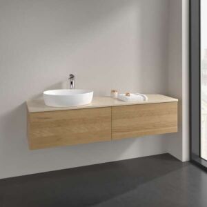 Villeroy und Boch Antao Waschtisch-Unterschrank L37013HN mit Beleuchtung, 2 Auszüge, 1600 x 360 x 500 mm, Front ohne Struktur, Honey Oak / Botticino
