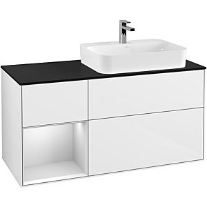 Villeroy und Boch Finion Waschtischunterschrank F392MTGF 120cm, Abdeckplatte black matt, Regal links White matt lacquer, Glossy white lacquer