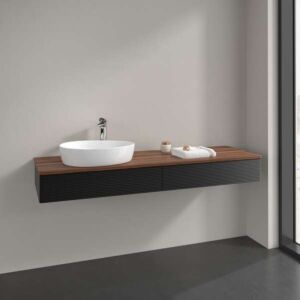 Meuble vasque Villeroy &amp; Boch Antao K15112PD 160 x 19 x 50 cm, plan vasque couleur noyer chaud, laque noire mate