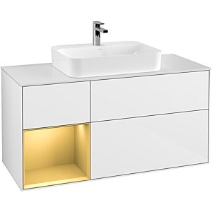 Villeroy und Boch Finion Waschtischunterschrank F411HFGF 120cm, Abdeckplatte white matt, Regal links Gold matt, Glossy white lacquer