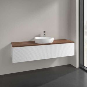 Villeroy und Boch Antao Waschtisch-Unterschrank L36112MT mit Beleuchtung, 2 Auszüge, 1600 x 360 x 500 mm, Front mit Struktur, White Matt Lacquer / Warm Walnut