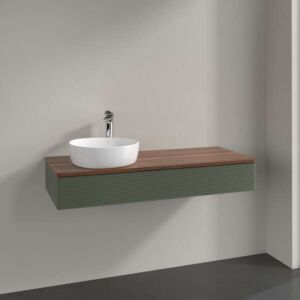 Meuble vasque Villeroy &amp; Boch Antao K11112HL 120 x 19 x 50 cm, plan vasque couleur noyer chaud, laque mate vert feuille