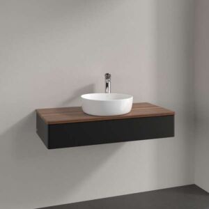Meuble vasque Villeroy &amp; Boch Antao L09012PD avec éclairage, 1 tiroir, 1000 x 190 x 500 mm, façade lisse, laque noire mate / noyer chaud