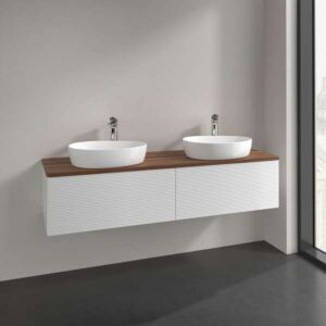 Villeroy und Boch Antao Waschtisch-Unterschrank L39152GF mit Beleuchtung, 2 Auszüge, 1600 x 360 x 500 mm, Front mit Struktur, Glossy White Lacquer / Warm Walnut