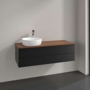 Meuble vasque Villeroy &amp; Boch Antao L22152PD avec éclairage, 2 tiroirs, 1200 x 360 x 500 mm, façade texturée, laque noire mate / noyer chaud