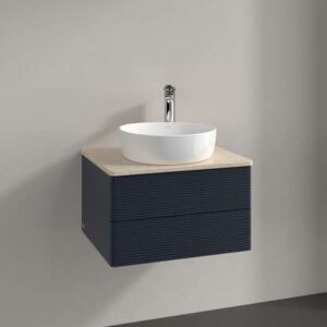 Meuble vasque Villeroy &amp; Boch Antao L18153HG avec éclairage, 2 tiroirs, 600 x 360 x 500 mm, façade texturée, laque mate bleu nuit / Botticino
