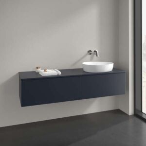 Villeroy &amp; Boch Antao vanity unit L38050HG with lighting, 2 drawers, 1600 x 360 x 500 mm, smooth front, Midnight Blue Matt Lacquer / Midnight Blue Matt Lacquer