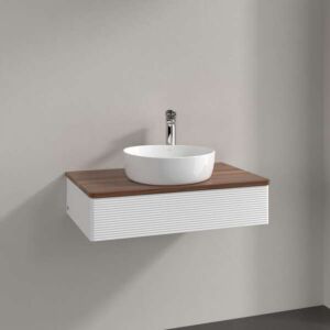 Villeroy &amp; Boch Antao vanity unit L08152MT with lighting, 1 drawer, 800 x 190 x 500 mm, textured front, White Matt Lacquer / Warm Walnut