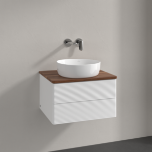 Meuble vasque Villeroy &amp; Boch Antao K18112MT 60 x 36 x 50 cm, plan vasque couleur noyer chaud, laque blanche mate